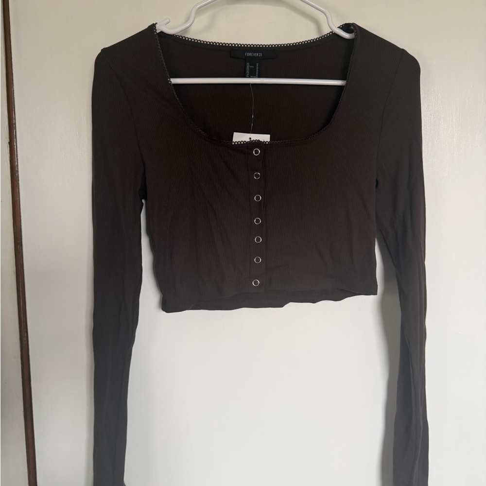 Forever 21 Dark Brown‎ Button-Up Crop Top